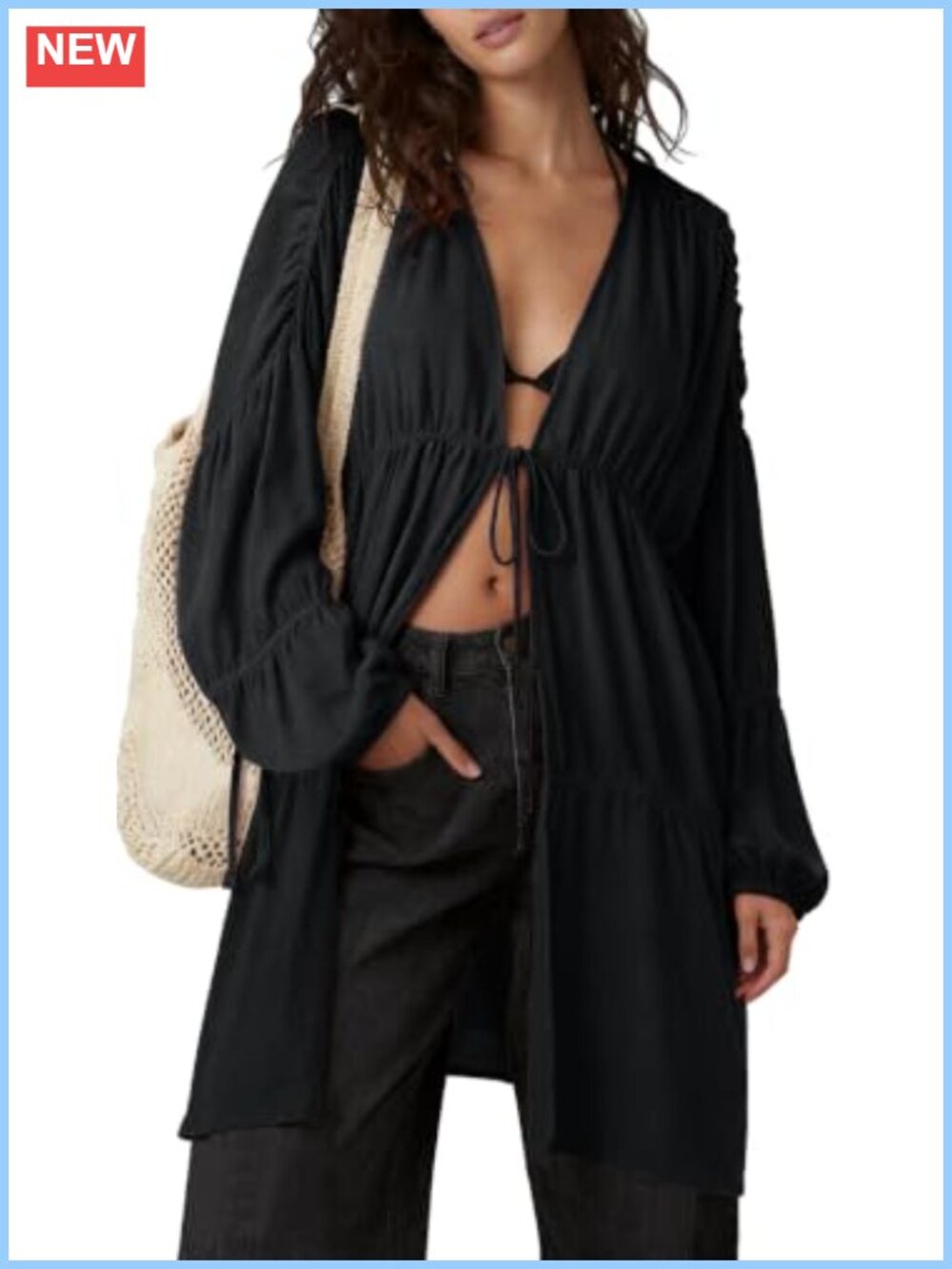 Womens Slouchy Linen Kimono Duster Tie Front Coverup with Pockets